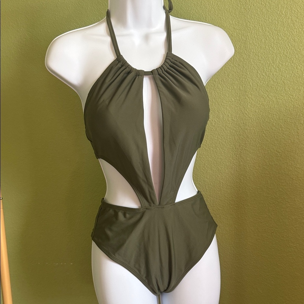 Express Olive Green Cutout Halter One-Piece Swimsuit